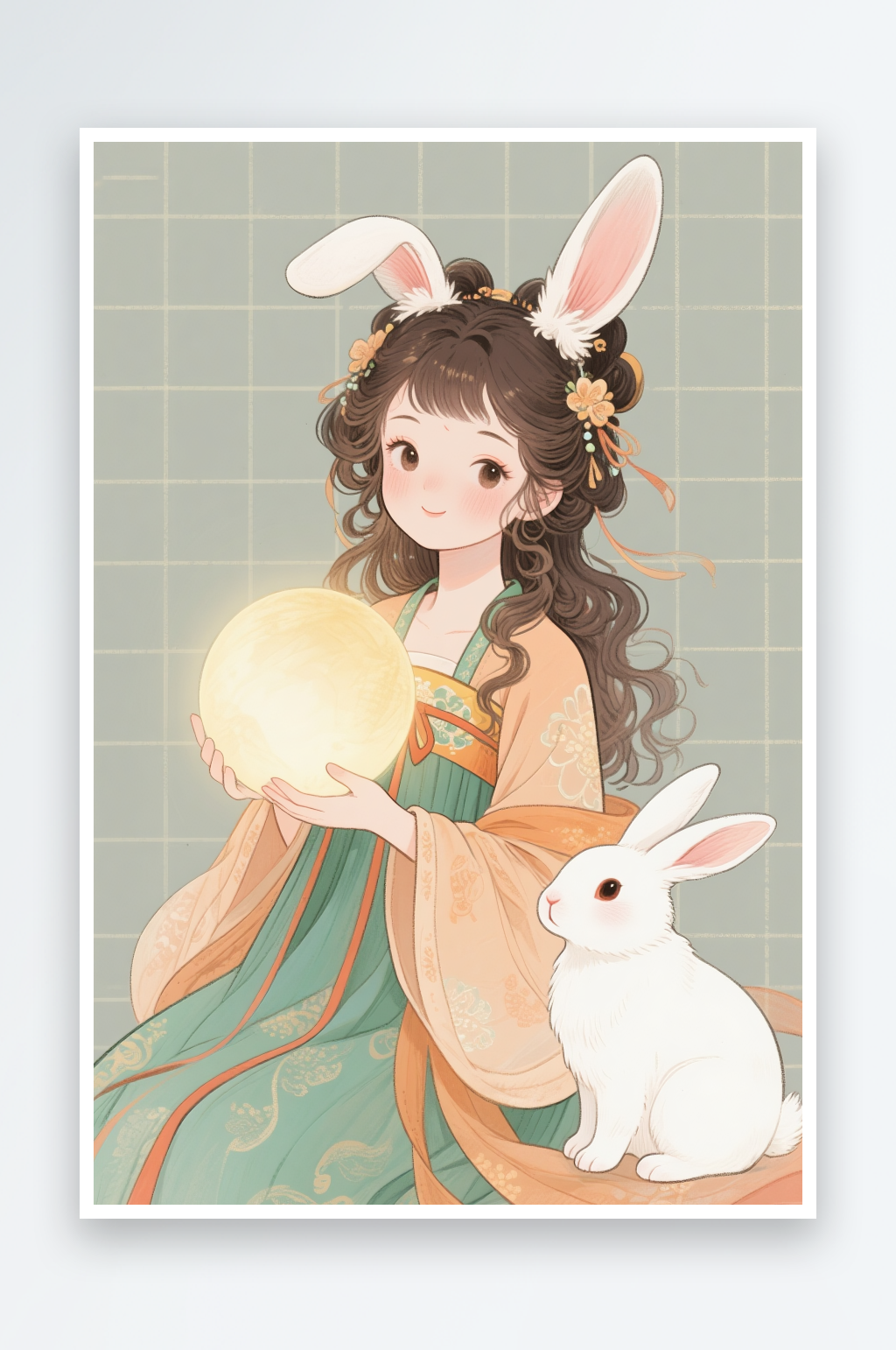 赏月亮中秋节嫦娥玉兔人物插画素材
