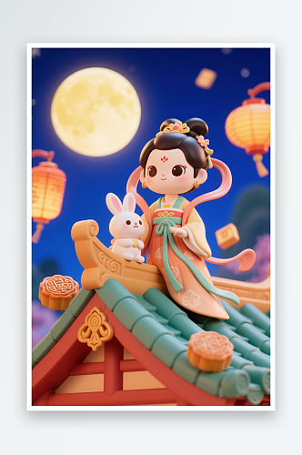 赏月亮中秋节嫦娥玉兔人物插画