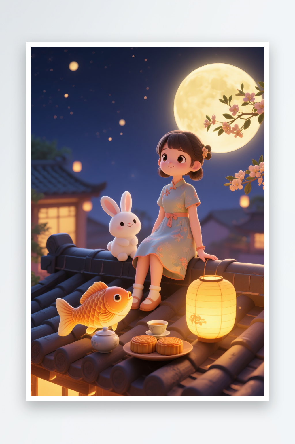 赏月亮中秋节嫦娥玉兔人物插画素材