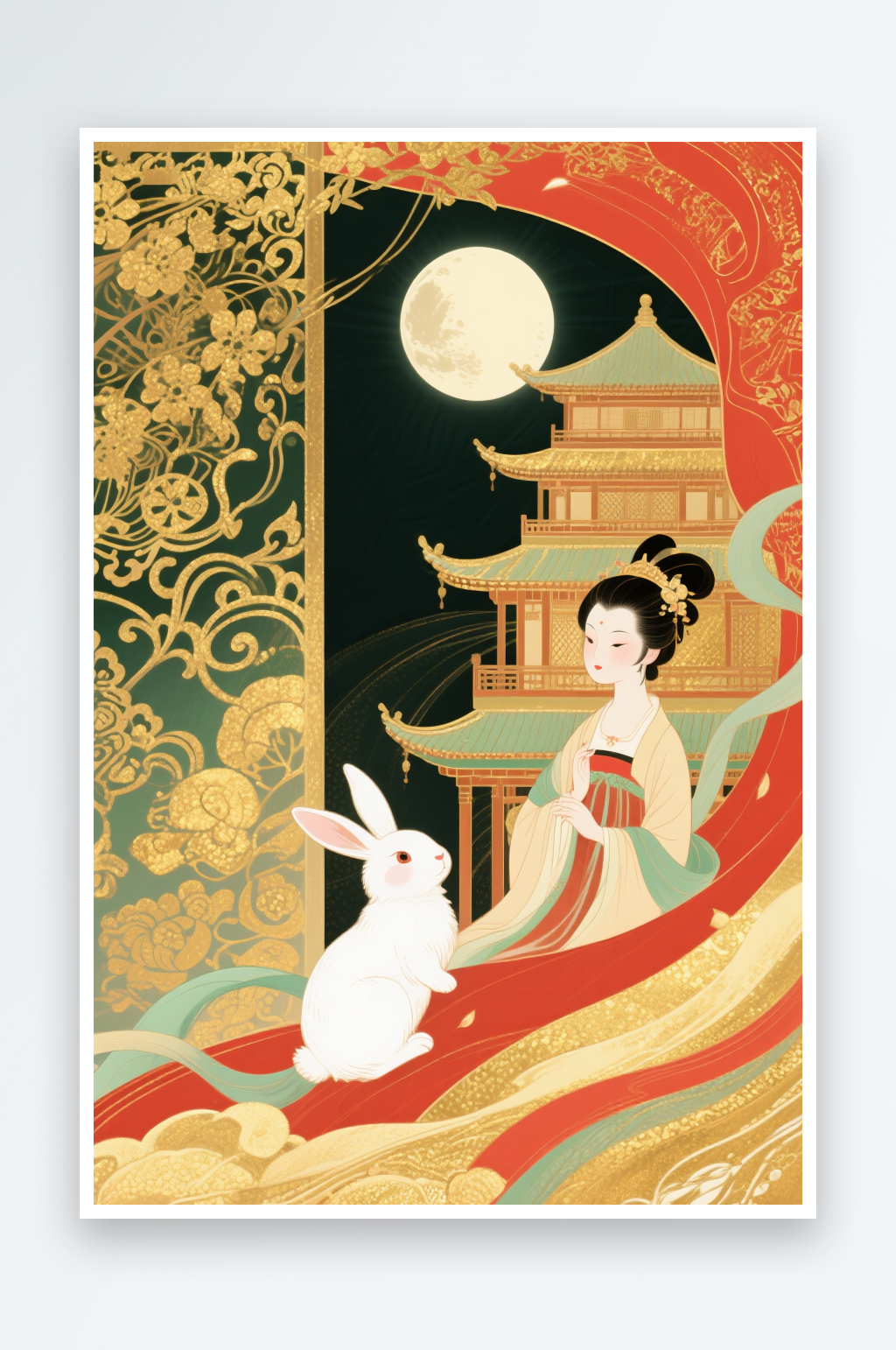 国风古典赏月亮中秋节嫦娥玉兔人物插画素材