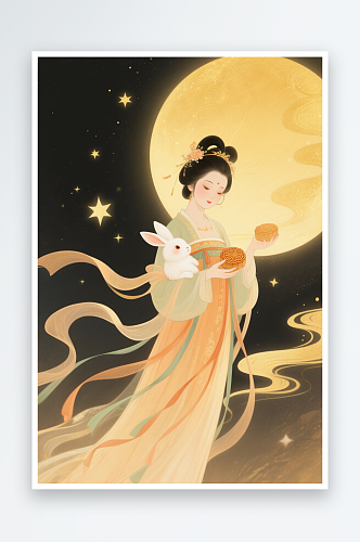 国风古典赏月亮中秋节嫦娥玉兔人物插画