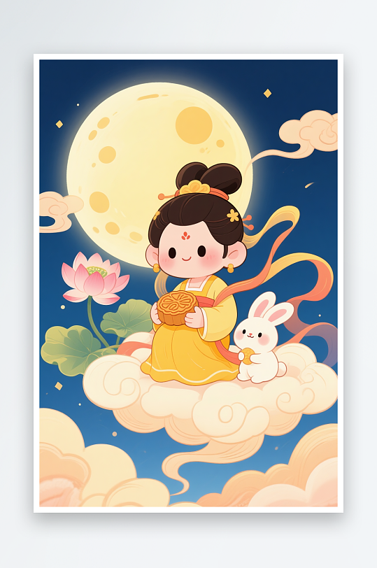 国风古典赏月亮中秋节嫦娥玉兔人物插画-众图网