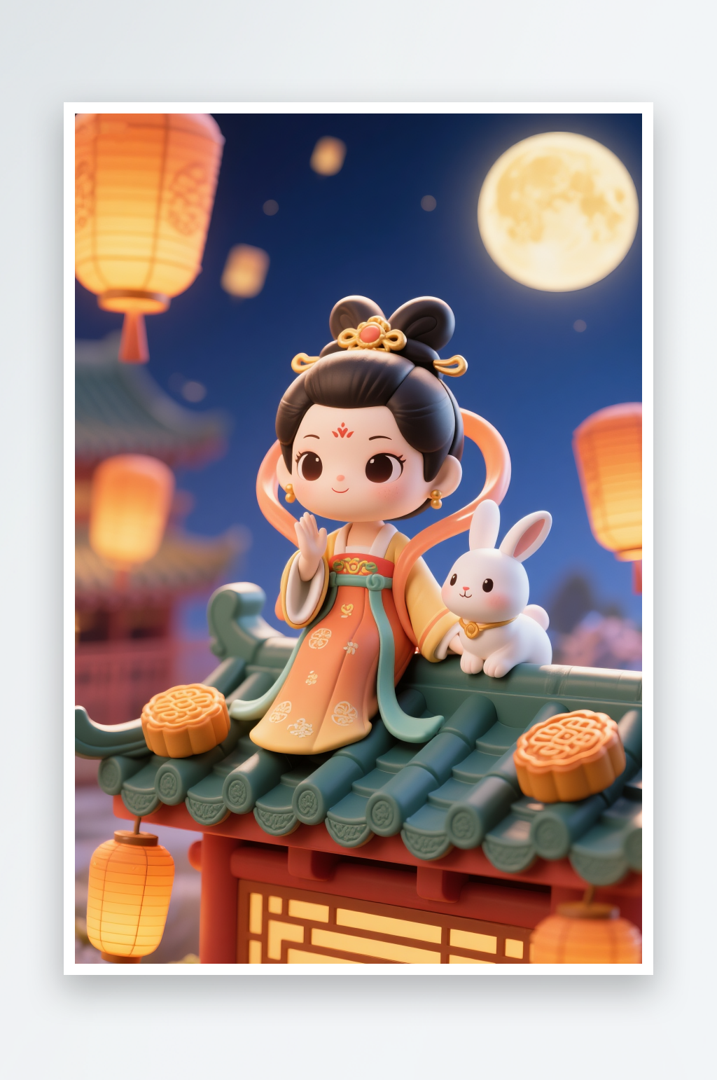 3D荷花月亮中秋节嫦娥玉兔人物插画素材