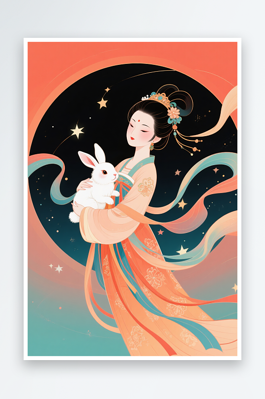 中式可爱玉兔中秋节嫦娥玉兔人物插画