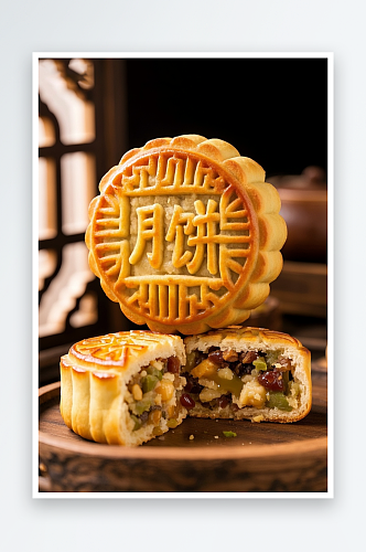 中秋节五仁叉烧月饼产品摄影图