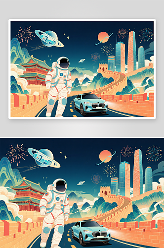 十一国庆节红色宇航员爱国旅游人物插画素材