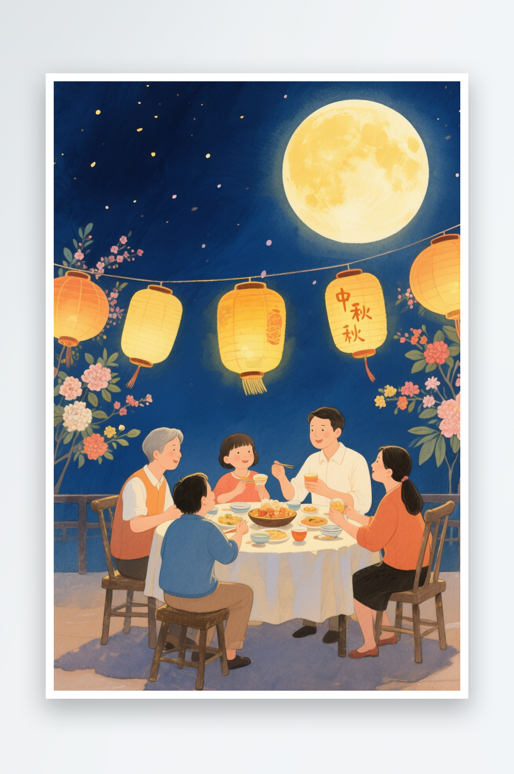 兔子燈賞月中秋節(jié)闔家團圓人物插畫素材