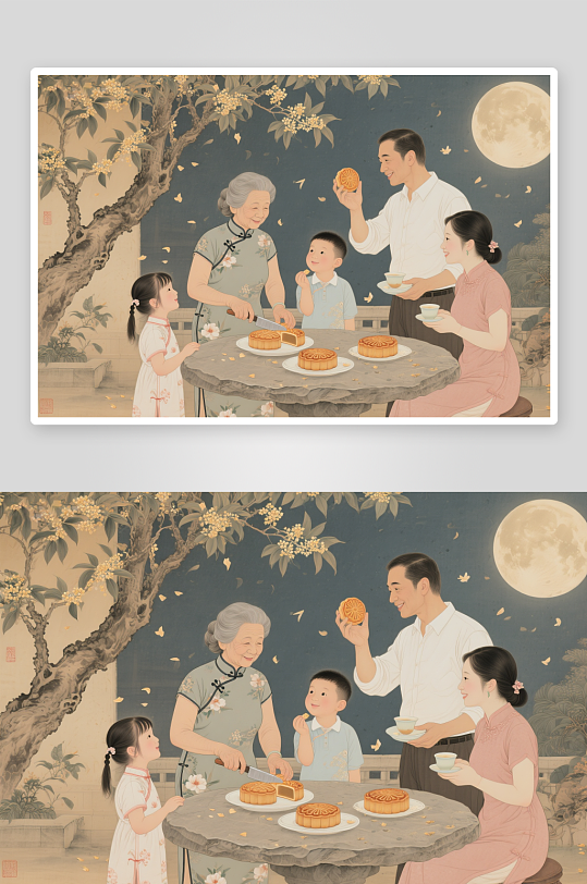 兔子灯赏月中秋节阖家团圆人物插画-众图网