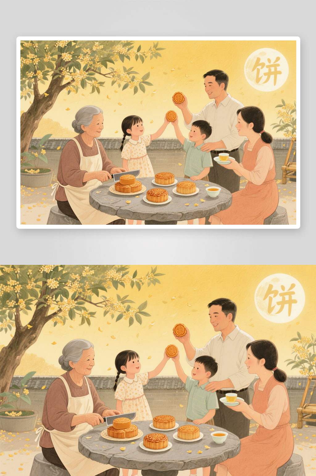 兔子灯团圆饭中秋节阖家团圆人物插画素材