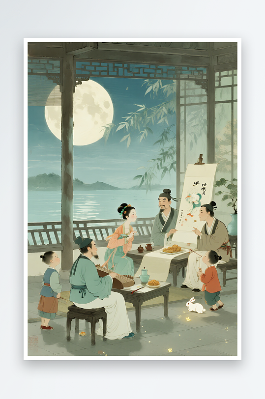 国风赏月亮中秋节阖家团圆人物插画-众图网