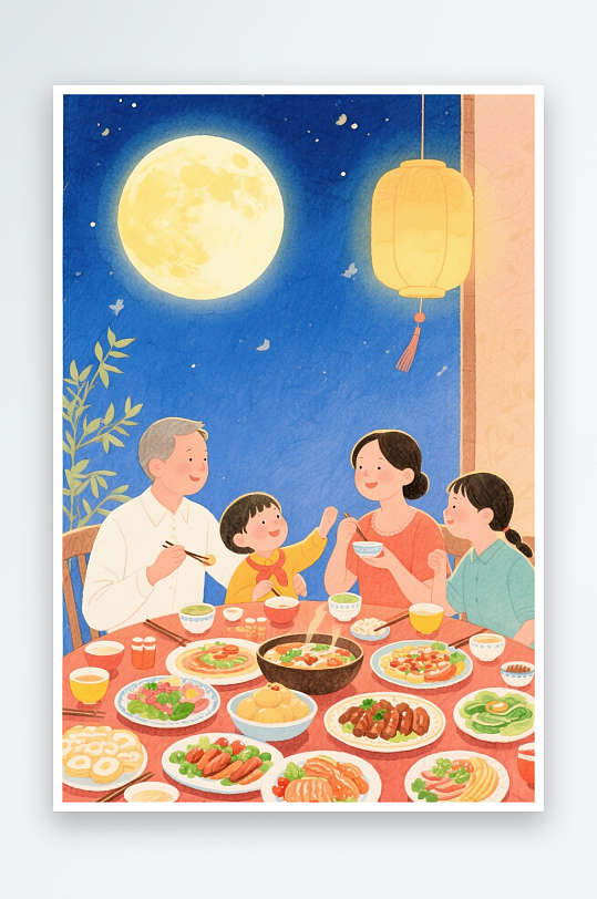 团圆饭玉兔赏月亮中秋节阖家团圆人物插画