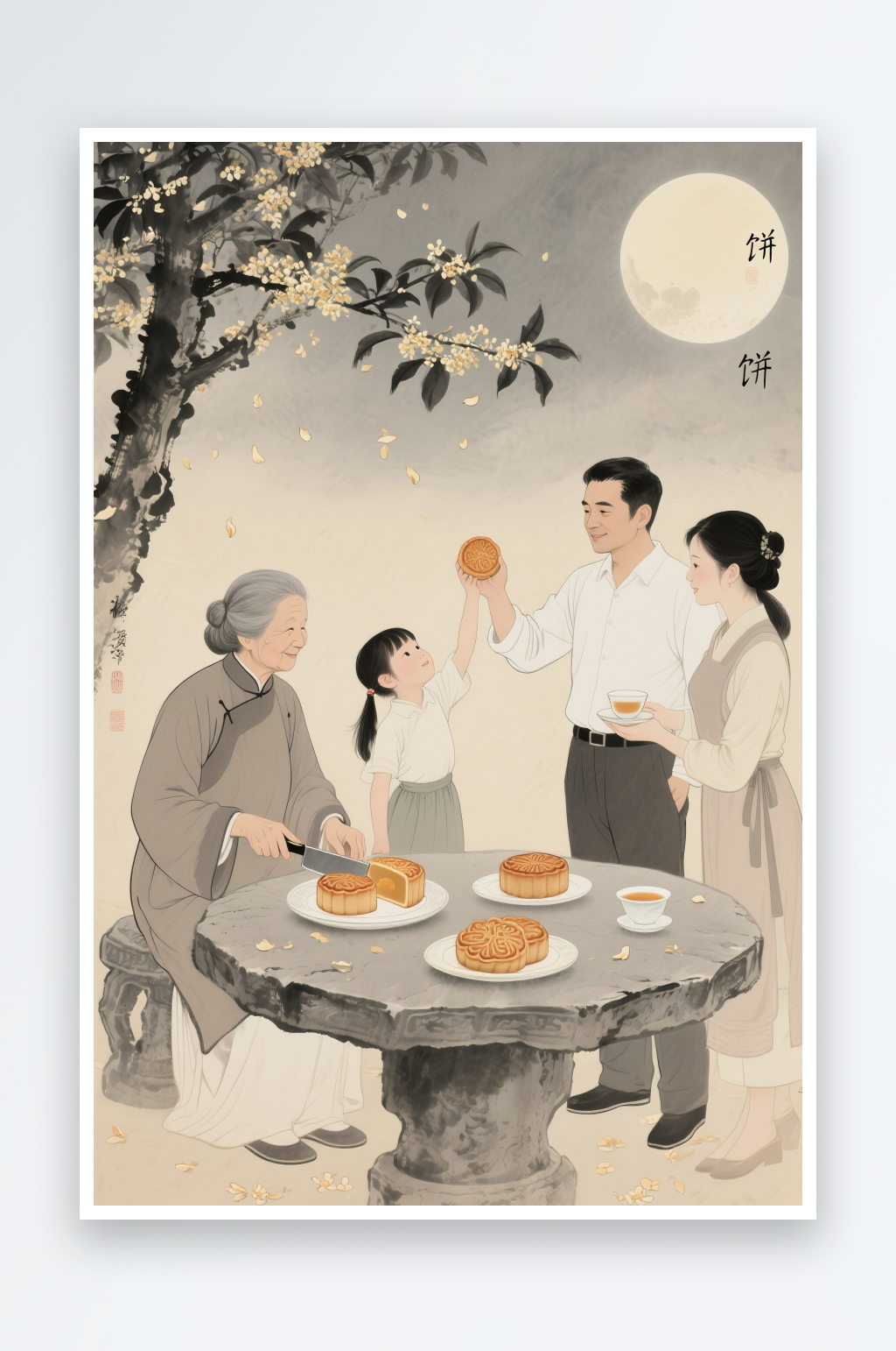 吃月饼赏月亮中秋节阖家团圆人物插画素材