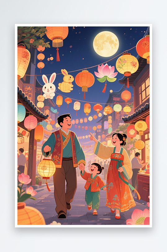花灯赏月亮中秋节阖家团圆人物插画-众图网