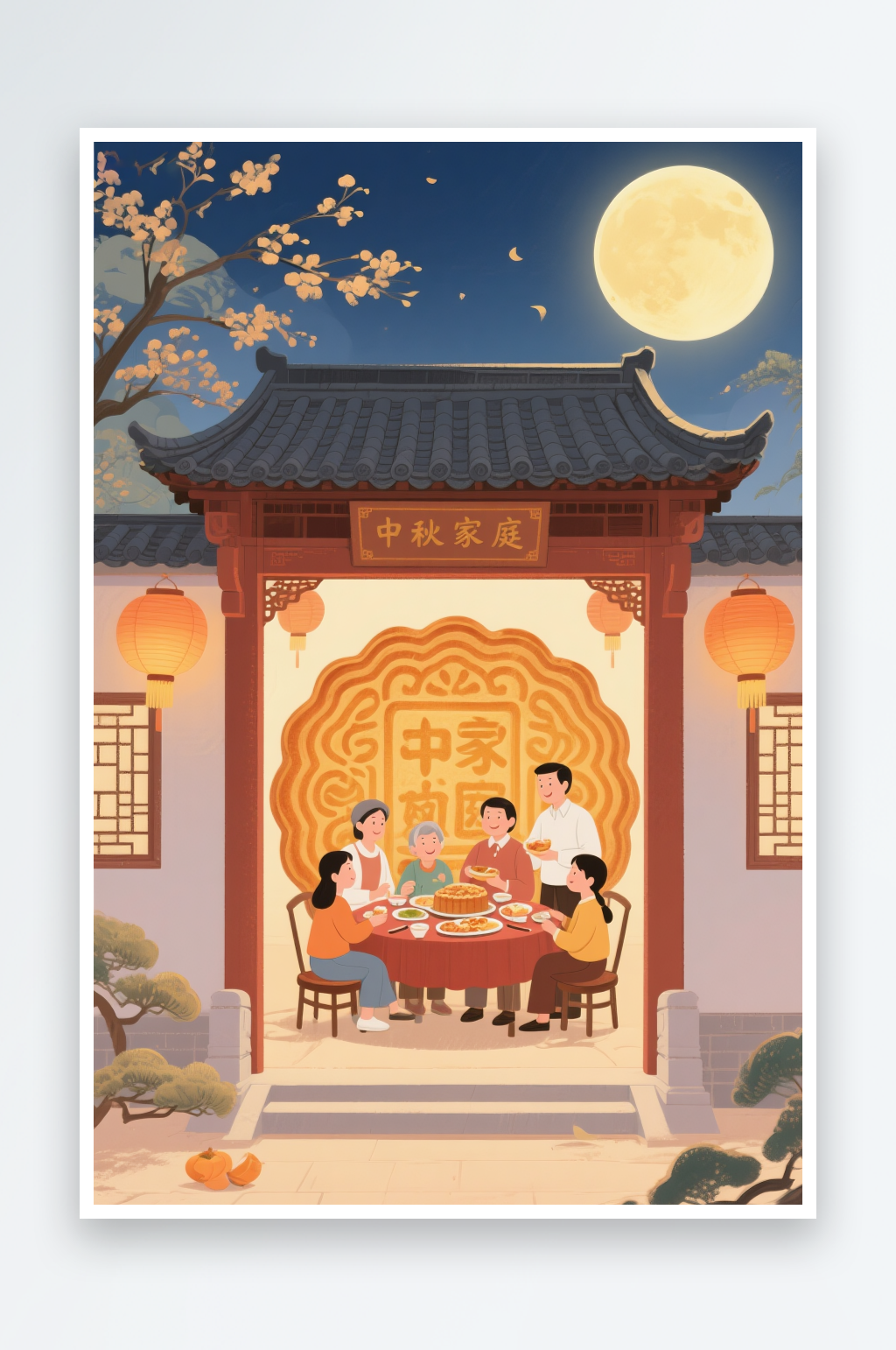 花灯赏月亮中秋节阖家团圆人物插画素材