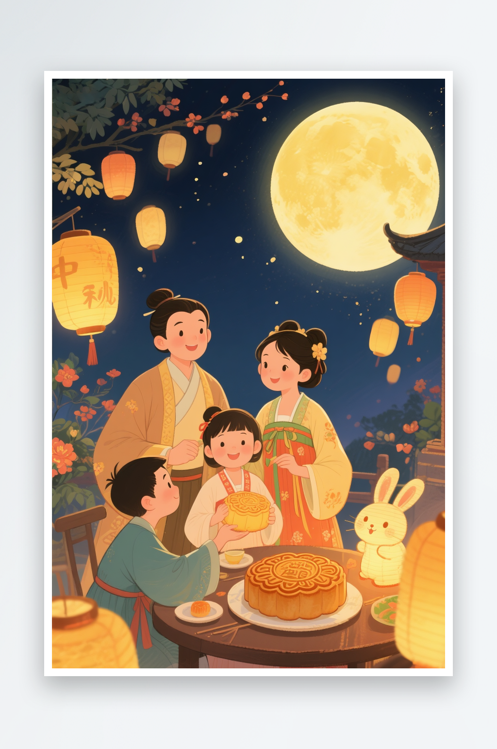 花灯赏月亮中秋节阖家团圆人物插画素材