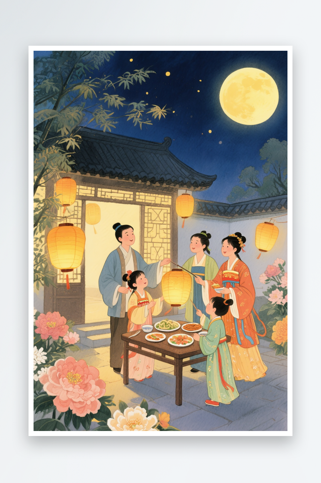 花灯赏月亮中秋节阖家团圆人物插画素材