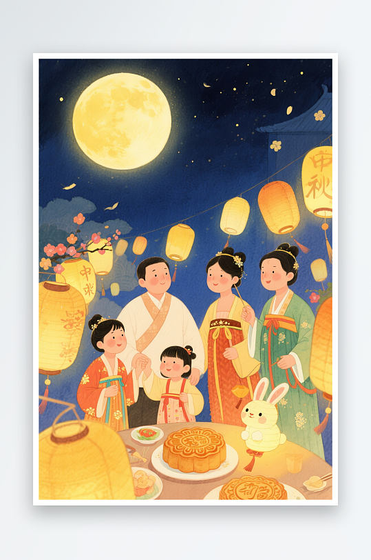花灯赏月亮中秋节阖家团圆人物插画-众图网