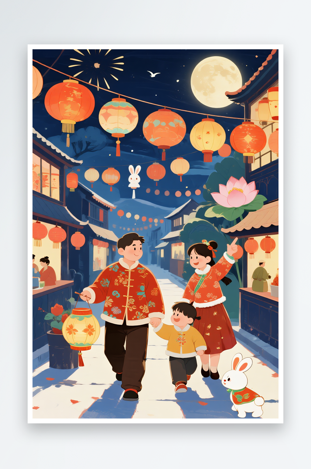 逛花灯赏月亮中秋节阖家团圆人物插画素材