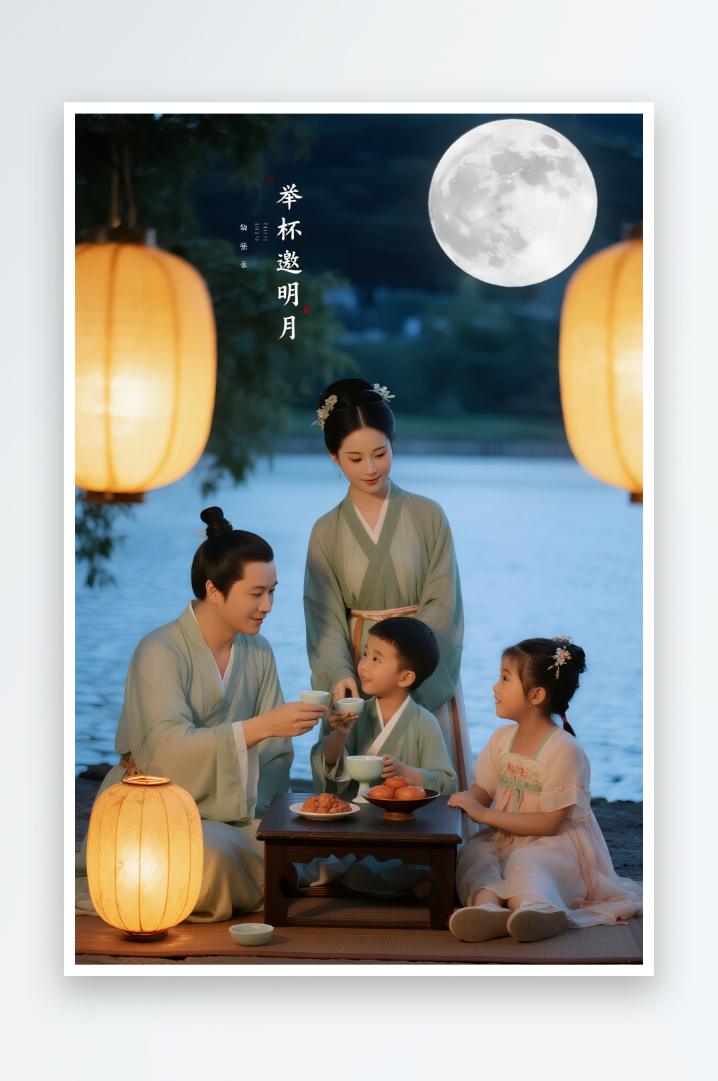 古风汉服逛花灯中秋节阖家团圆人物摄影图素材