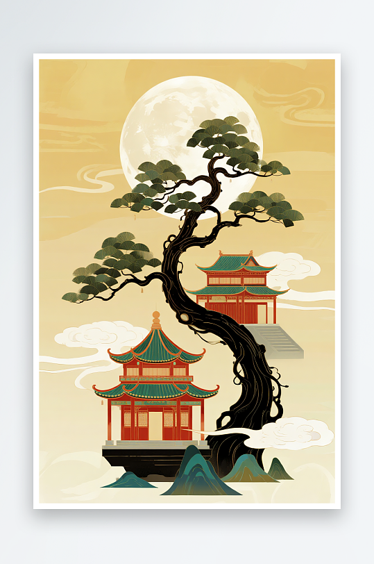 国风古典淡黄色中秋节中式美学意境插画-众图网