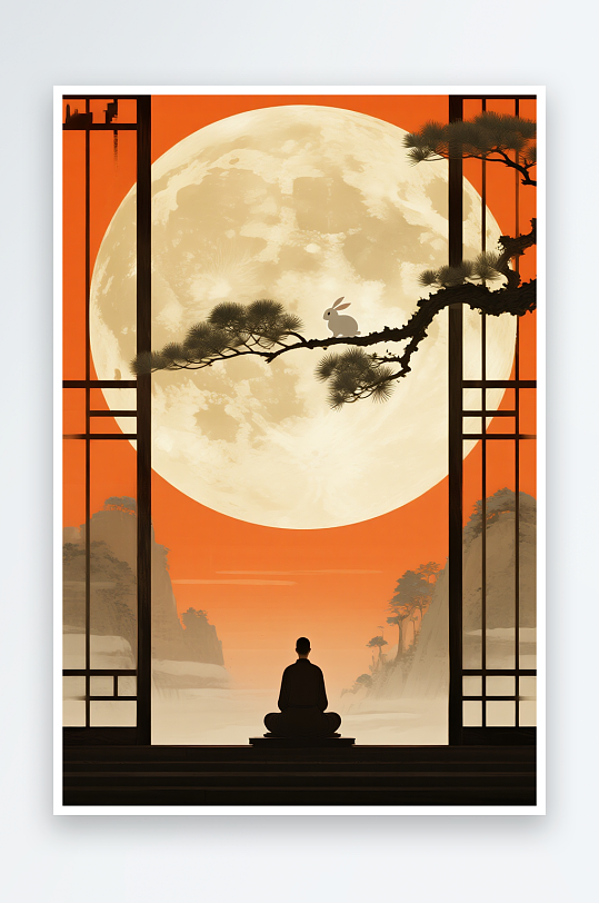 国风古典淡黄色中秋节中式美学意境插画-众图网