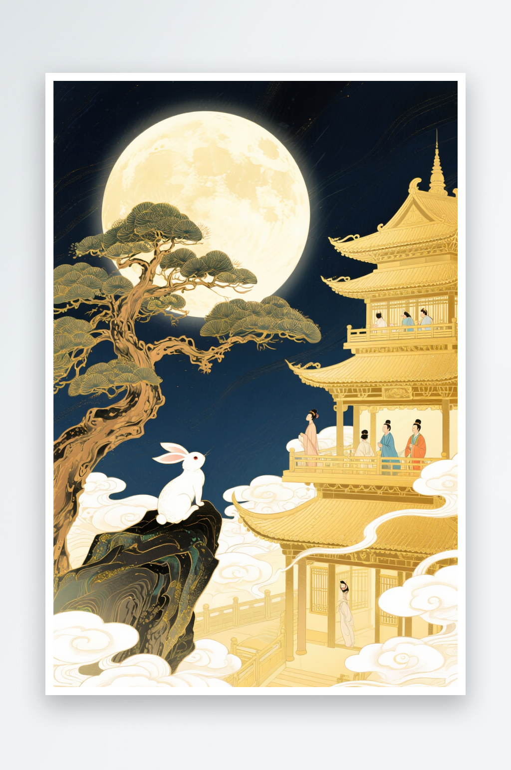 中式玉兔淡黃色中秋節(jié)中式美學意境插畫素材