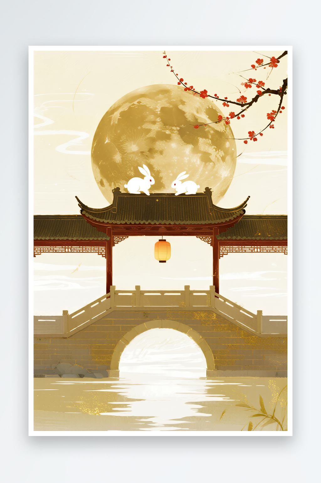 中式玉兔淡黄色中秋节中式美学意境插画素材