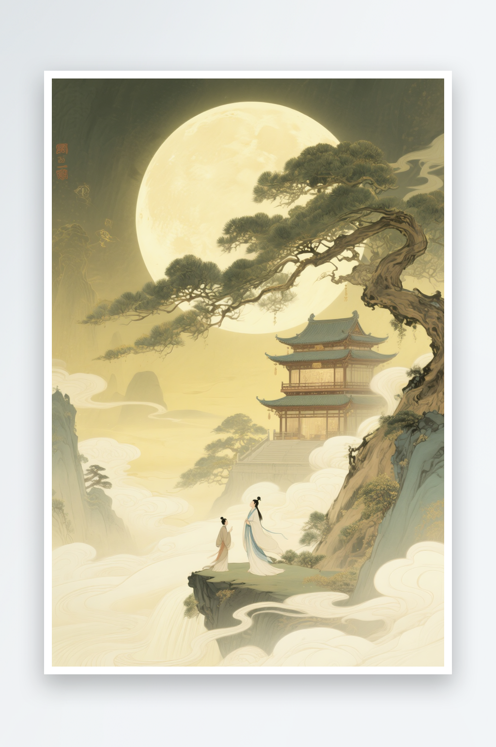 中式玉兔淡黄色中秋节中式美学意境插画素材