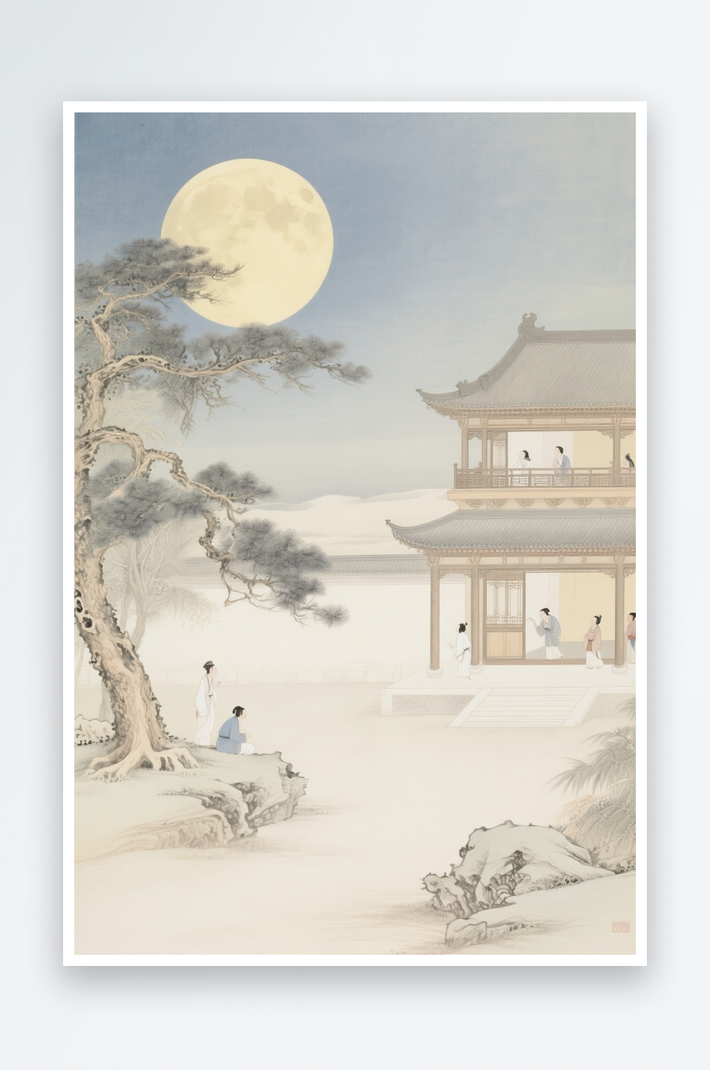 中式玉兔淡黄色中秋节中式美学意境插画素材