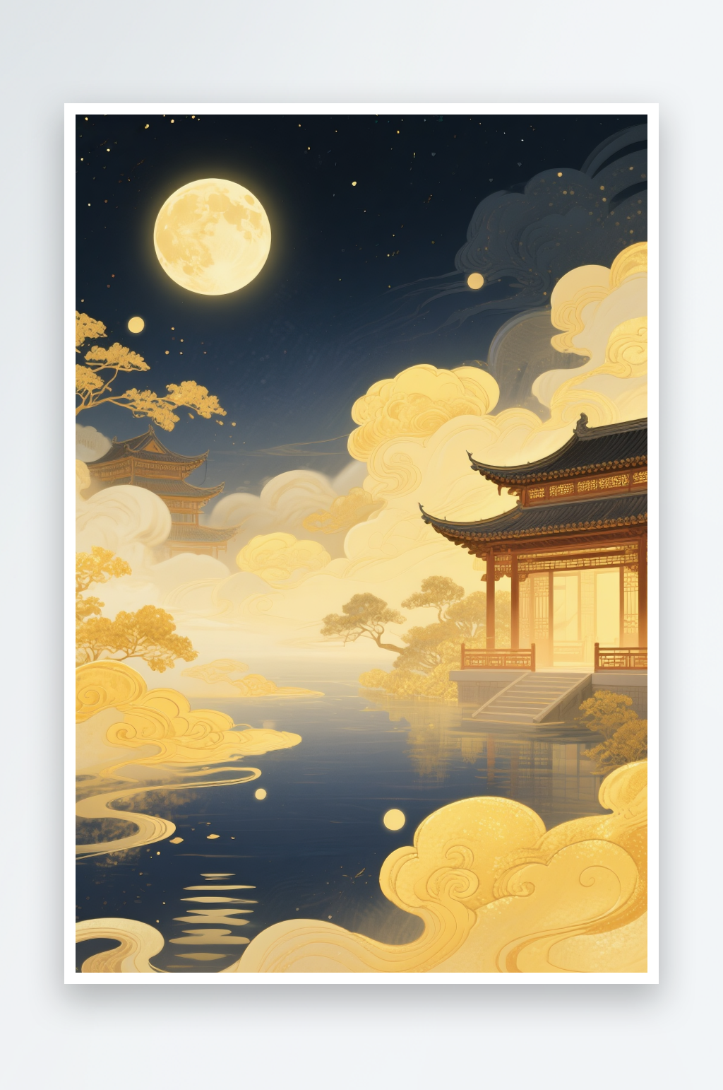 中式玉兔月亮月饼中秋节中式美学意境插画素材