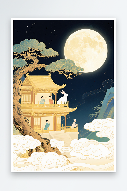 中式玉兔月亮月饼中秋节中式美学意境插画-众图网