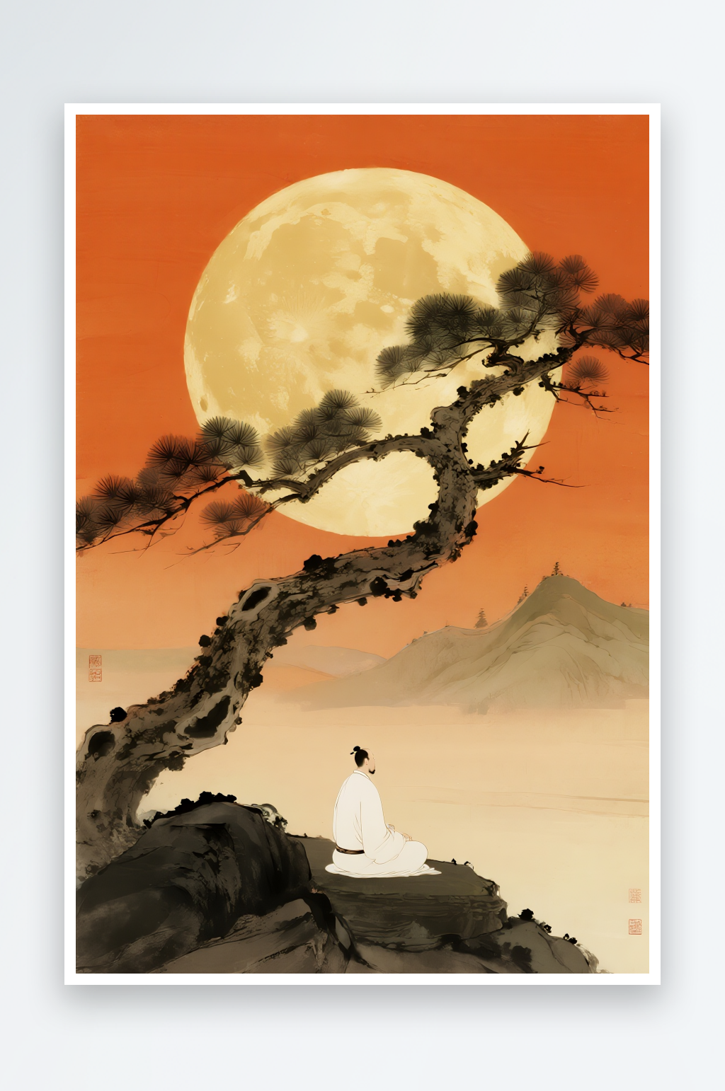 中式楼阁玉兔月亮中秋节中式美学意境插画素材