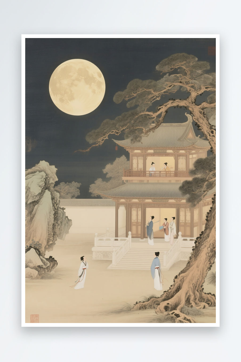 创意玉兔月亮中秋节中式美学意境插画素材