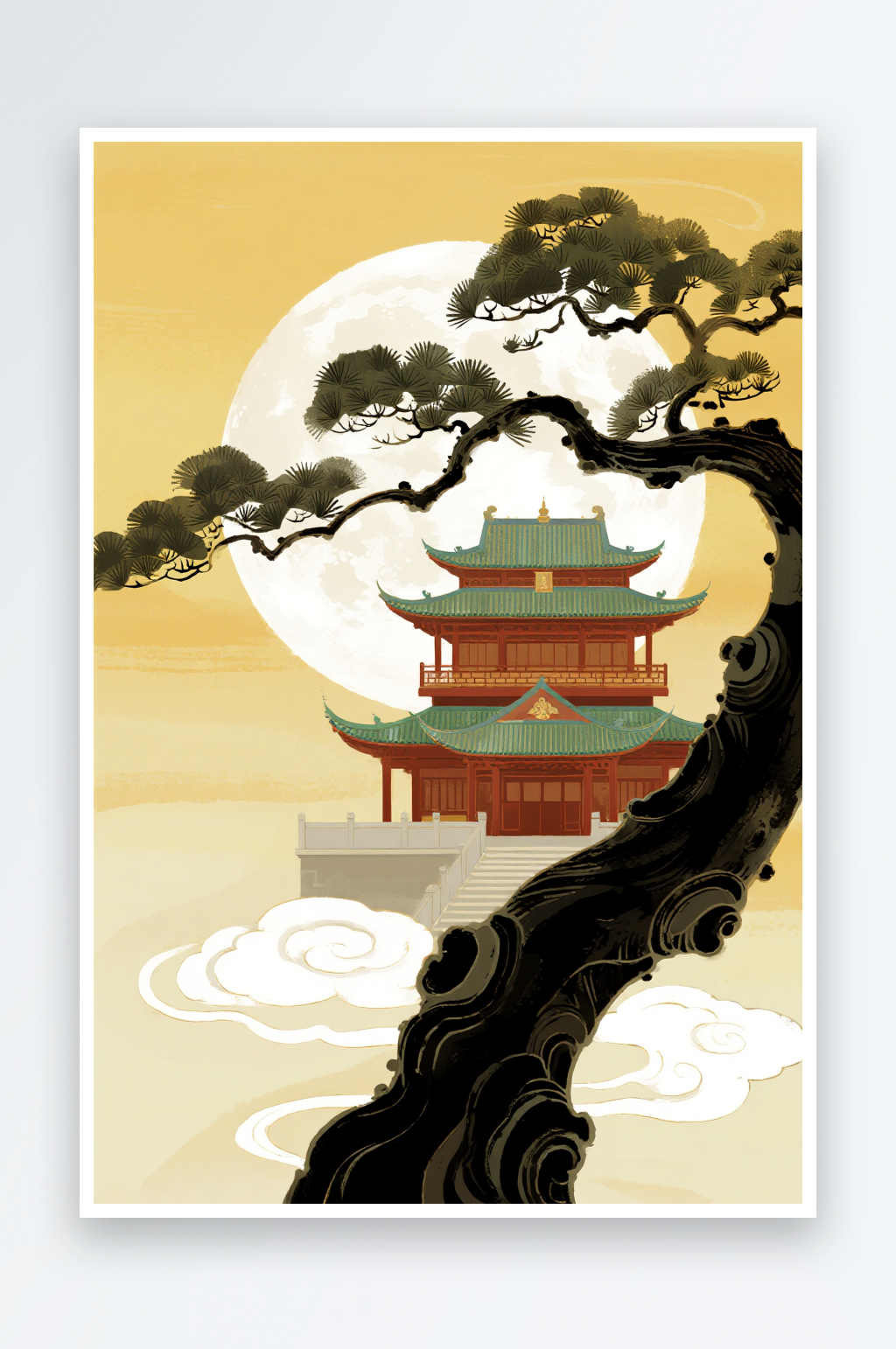 玉兔月亮楼阁中秋节中式美学意境插画素材