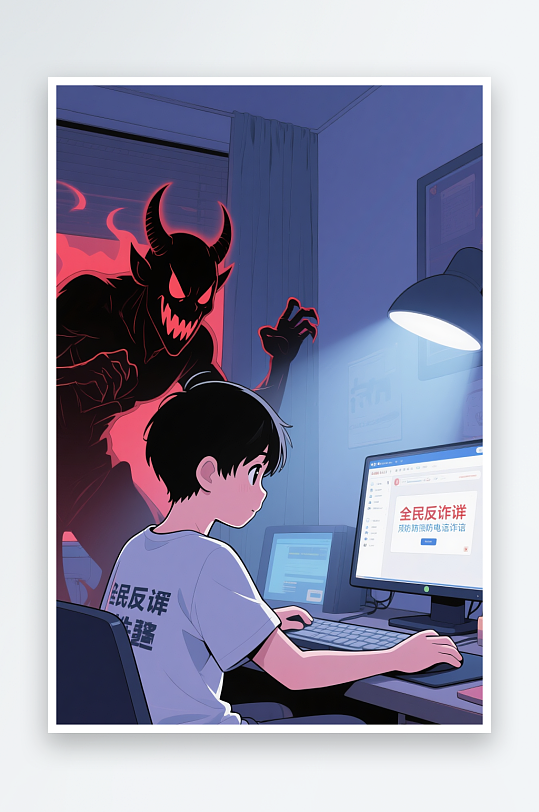 卡通网络安全全民反诈预防电信诈骗人物插画-众图网