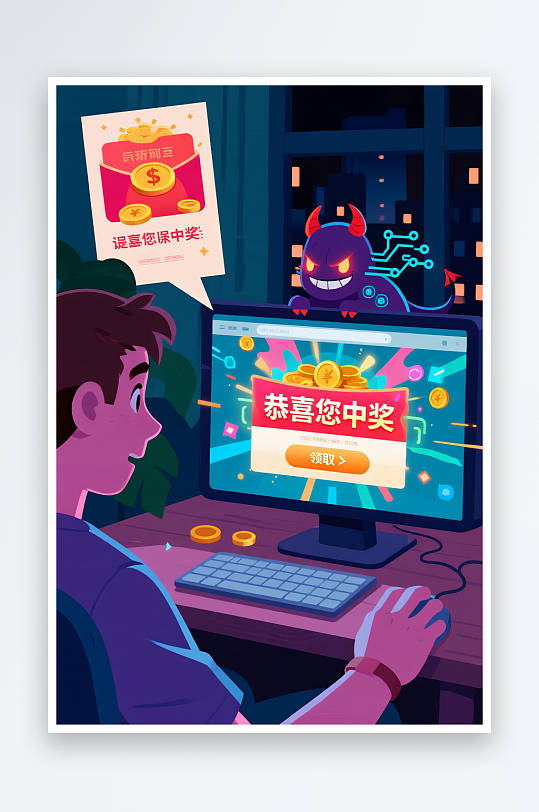 卡通网络安全全民反诈预防电信诈骗人物插画-众图网