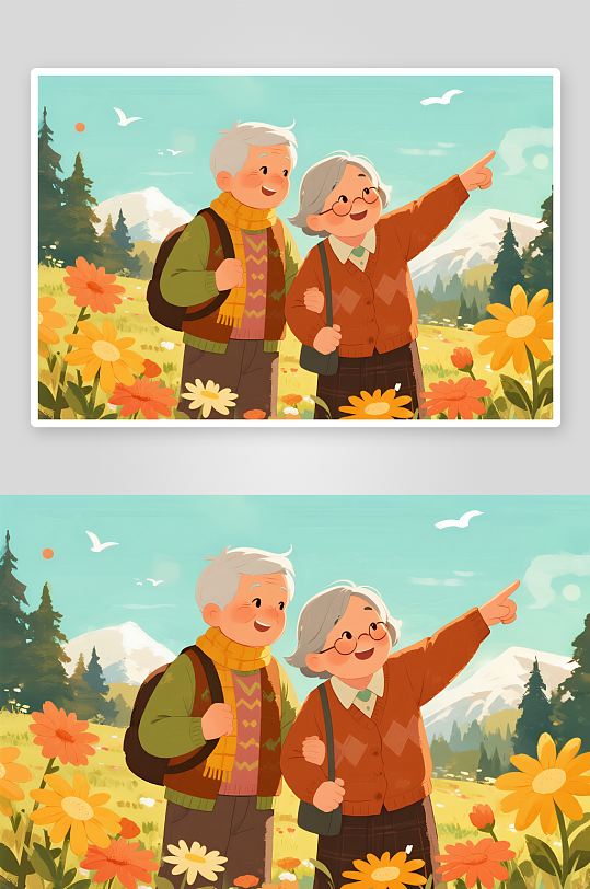 给老人送菊花温馨重阳节老年人老人插画-众图网
