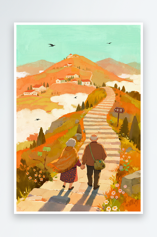 夕阳高山老人温馨重阳节老年人老人插画-众图网