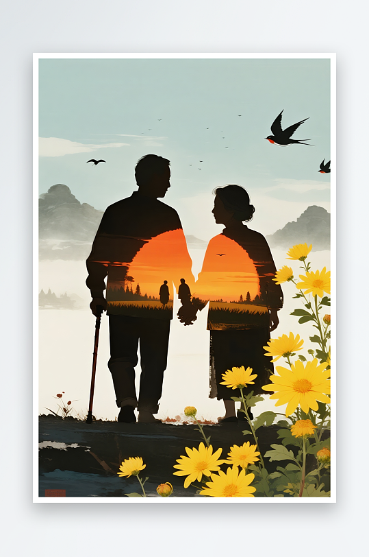 夕陽高山老人剪影溫馨重陽節(jié)老年人老人插畫
