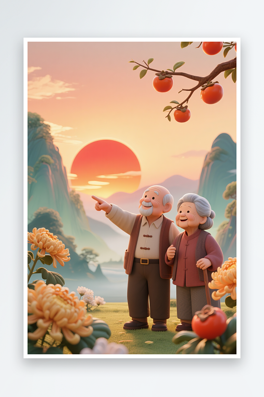 菊花夕阳高山重阳节老年人老人模型插画-众图网