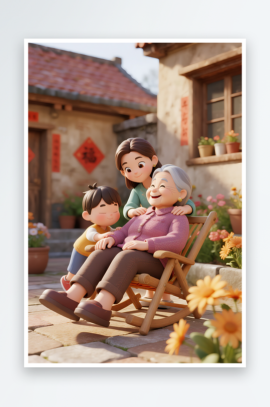 菊花老人坐长椅重阳节老年人老人模型插画-众图网