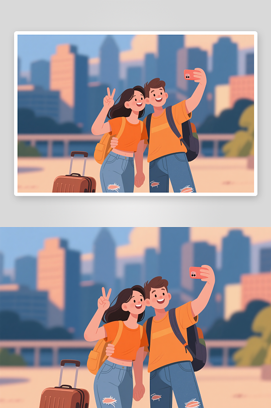 旅行合照打卡景點(diǎn)聚會(huì)旅行人物自拍合照插畫(huà)