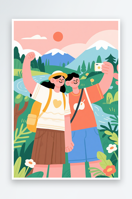 旅行合照打卡景點(diǎn)聚會(huì)旅行人物自拍合照插畫(huà)