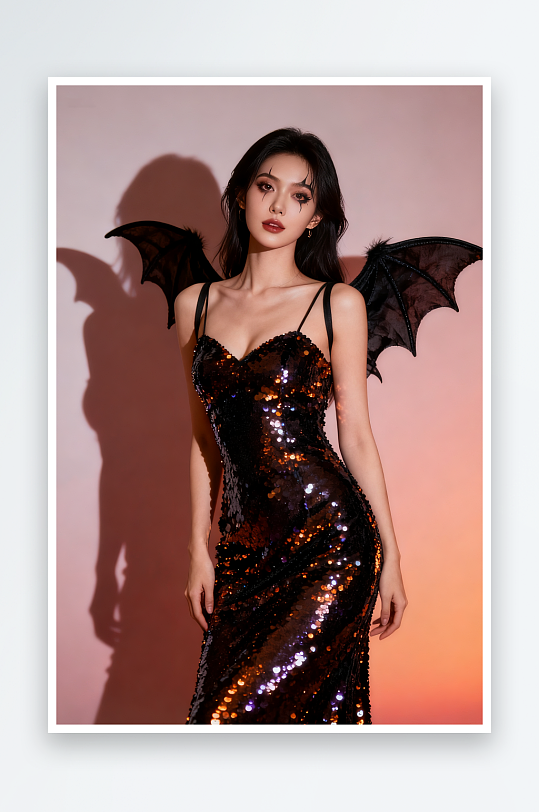 扮鬼蝙蝠惡魔美女萬圣節(jié)酒吧美女人物攝影圖