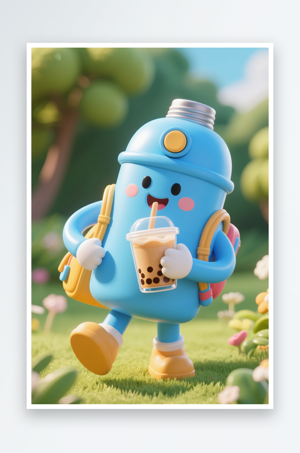 喝奶茶抽象立体3D旅游休闲卡通插画素材
