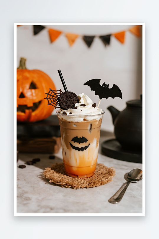南瓜巧克力万圣节奶茶咖啡饮品摄影图-众图网