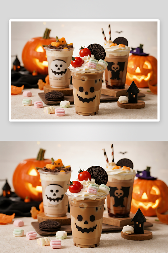可爱鬼下午茶万圣节奶茶咖啡饮品摄影图-众图网