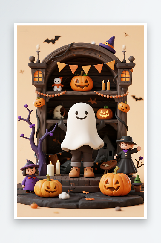 南瓜幽灵扮鬼万圣节人物模型插画-众图网