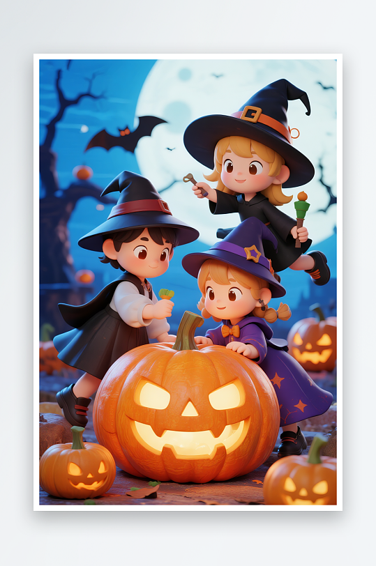 卡通小孩子巫师飞毯万圣节人物模型插画-众图网