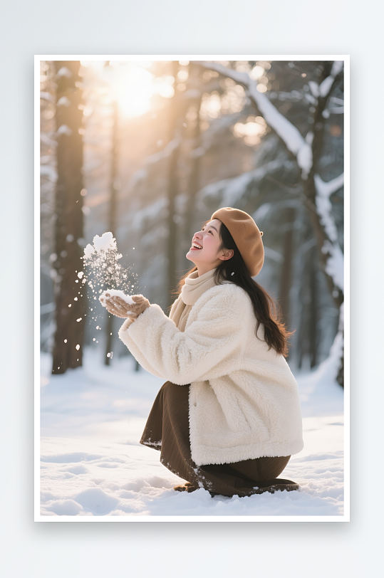 玩雪花朋友合照立冬冬季旅游女生人物摄影图-众图网